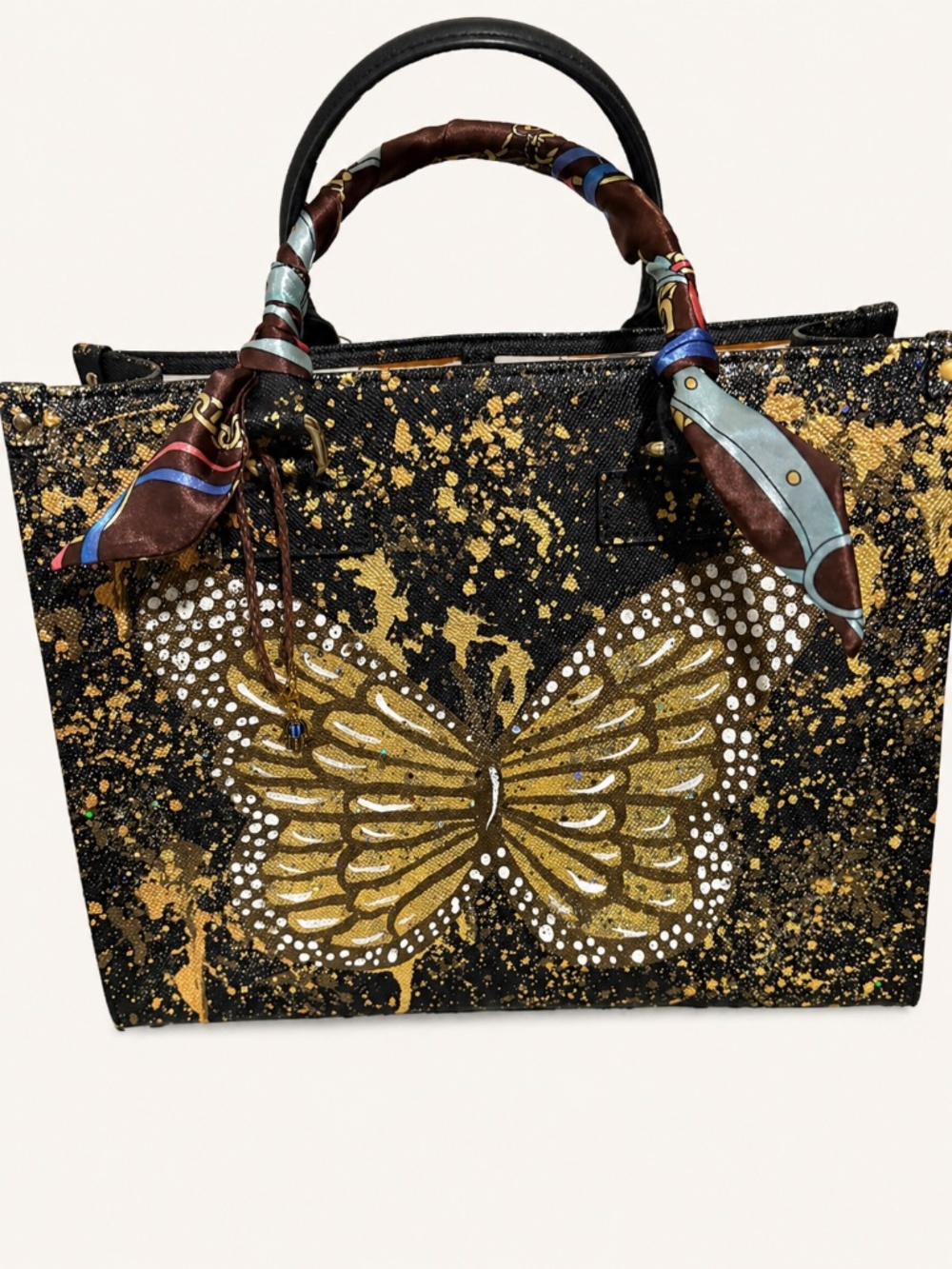 Anca Barbu Hand Painted Leather Handbag Tote with Butterfly Motif